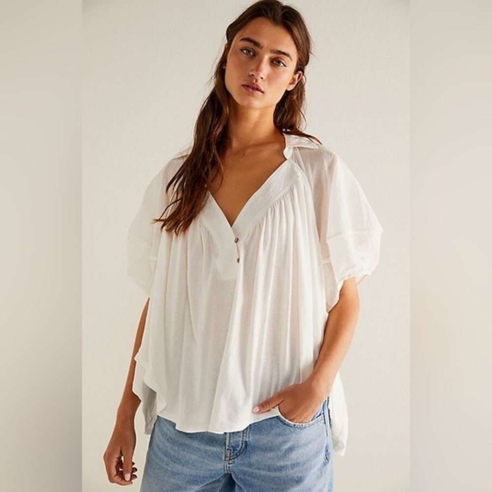 Free People White Floaty V-Neck Blouse